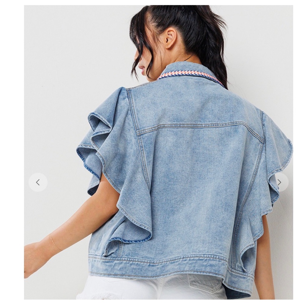 30 Boho Denim Big Ruffle Sleeve Vest Jacket - Picture 5 of 7
